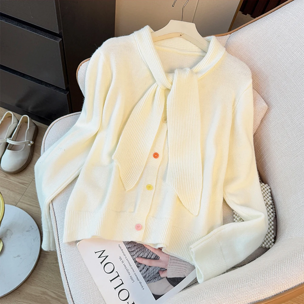 

Colorful Button Decoration Loose Fit Cardigan Tie Waist Design Knit Top Minimalist Sweet Style Sweater Womens Clothing Tops