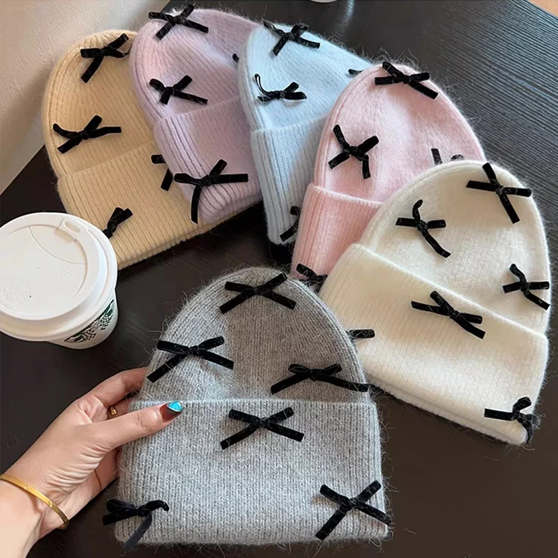 

2024 New Rabbit Fur Black Velvet Bow Winter Hat Womens Ins Korea Ear Warm Ski Wool Cashmere Angora Lovely Christmas Hats