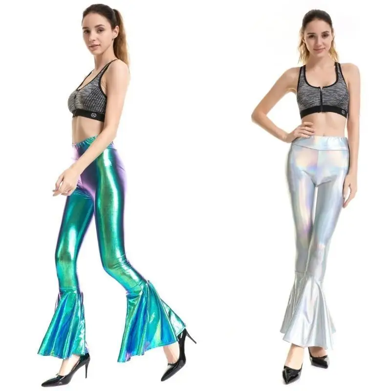652F Women Flares Shiny Leggings Laser-Metallic Wide Leg Pants Club Trousers