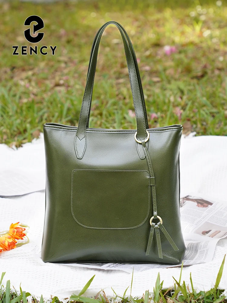 Zency 100% Genuine Leather Handbag Large Capacity Women Shoulder Bag Retro Tote Purse High Quality Shopper Bags Chocolate Grey