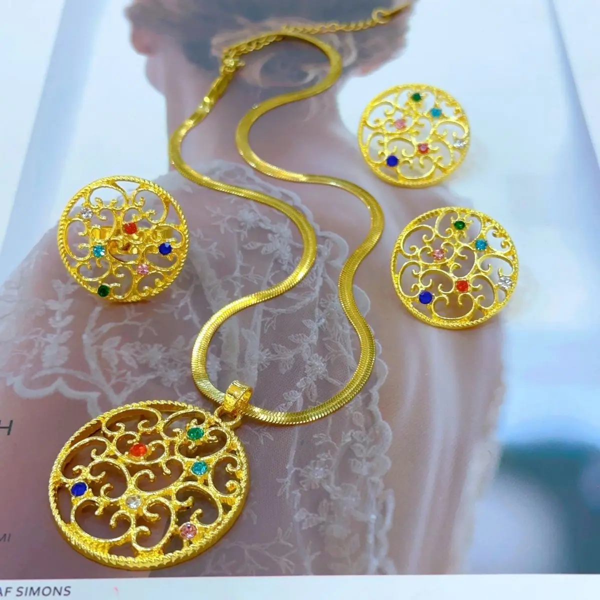 

New Dubai Europe 24K Gold Plated Necklace, Earrings, Rings, Wedding Party Gift Jewelry Set for Lovers YY10593