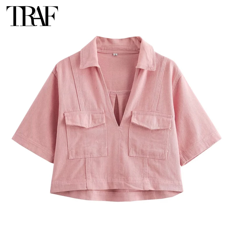 TRAF Pink Denim Crop Top Woman Short Sleeve Blouses for Women Summer Cargo Womens Tops and Blouses Streetwear Women\'s Blouses