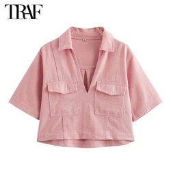 TRAF Pink Denim Crop Top Woman Short Sleeve Blouses for Women Summer Cargo Womens Tops and Blouses Streetwear Women's Blouses