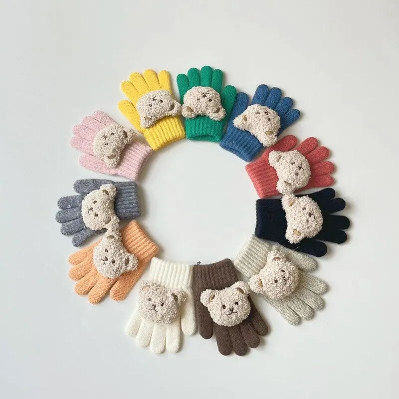 

Детские вязаные перчатки с рисунком медведя, осенне-зимние теплые варежки с длинными пальцами для мальчиков и девочек, однотонные, мягкие, удобные, милые детские