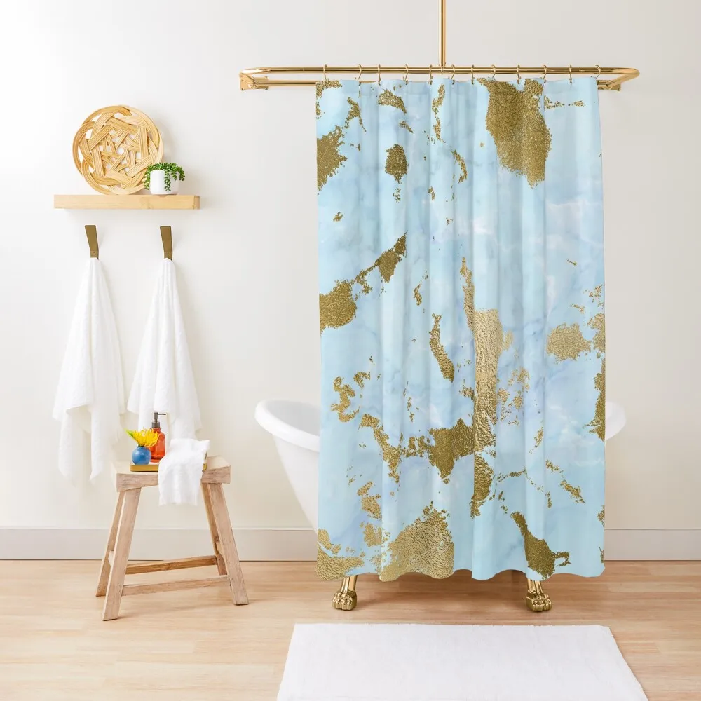 

Gold Veins on Light Blue Faux Marble Shower Curtain Modern Bathroom Accessories Waterproof Shower Bathroom For Shower Curtain