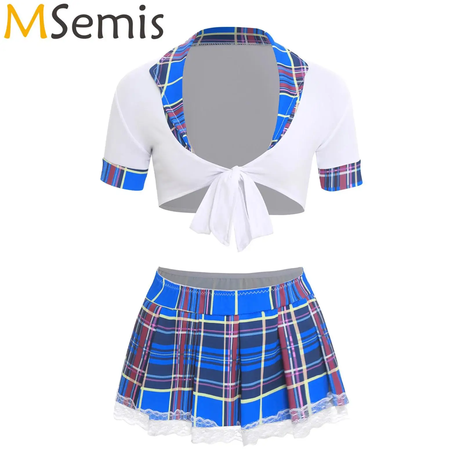 

Womens Student JK School Girls Sexy Cosplay Costume Lapel Front Tied-up Crop Tops Lace Trim Plaid Miniskirt And T-back Thong