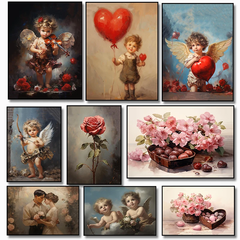 Lovely Angel Cupid Rose Strawberry Chocolate Valentine's Day Retro Poster Canvas Paintings Wall Art Pictures Home Decor