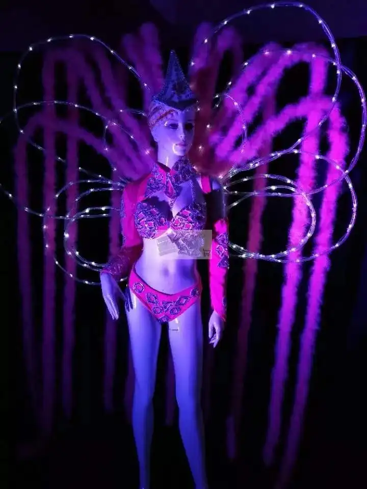 

feather backboard dancing costume for carnival custom pink color LED light led women costume