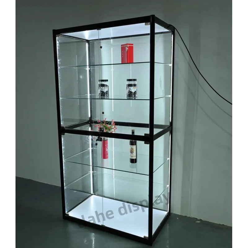 Custom. Smoke Shop Floor Standing Display with Lights Full Wall Showcase Wide Application Glass Display Cabinet