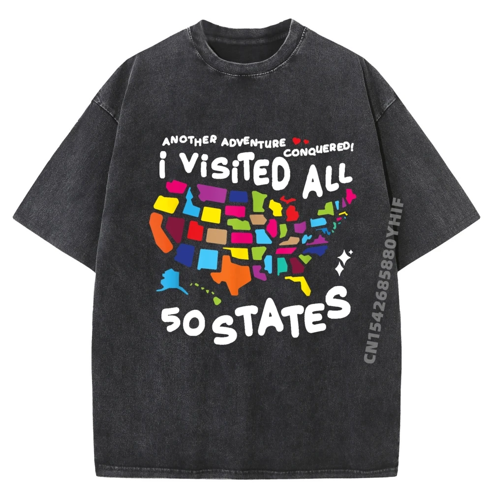 

I Visited All 50 States Us Map Travel Challenge Пустая футболка из 100% хлопка Мужская одежда Винтажный стиль Промытая рубашка
