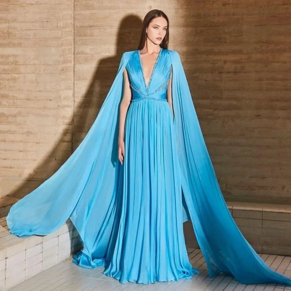 Classy Long Blue V Neck Beaded Chiffon Evening Dresses Full Sleeves A Line Sweep Train Robe De Soiree