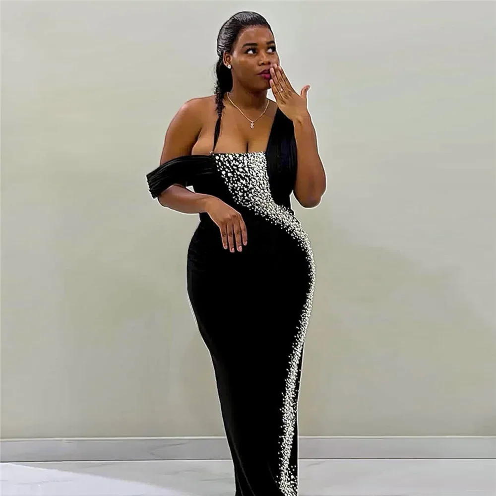 

2025 Summer New Sexy Shoulder Mesh Stitching Hot Diamond Hip Bandage Skirt Party Dress Women's Clothing