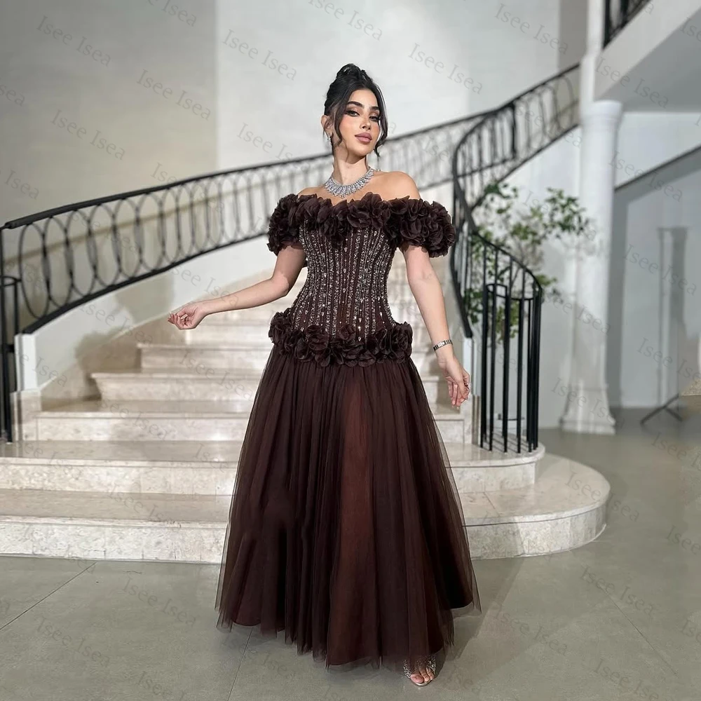 Customized Dubai Off Shoulder Evening Dresses Rhinestone Flower Crystal فساتين سهرات Brown Formal Occasion Dresses