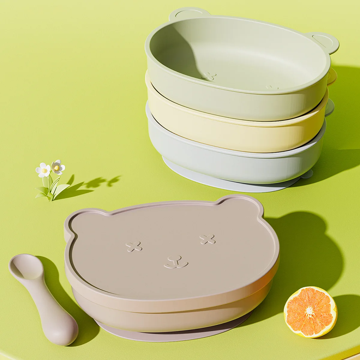 Baby Silicone Plate with Lid Anti-Slip Feeding Plate for Infant Toddler Durable Food Grade Tray with Cover