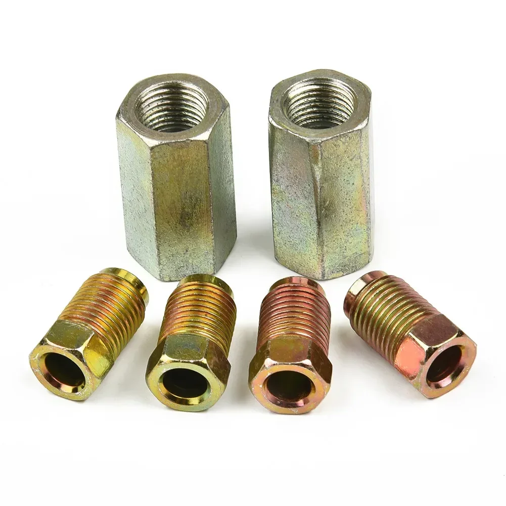 2pcs 10mm Female Brake Pipe Connectors + 4pcs 10mm Male Short Pipe Screw Brake Nuts For 3/16 Inch Metric Braking Tubes NEW