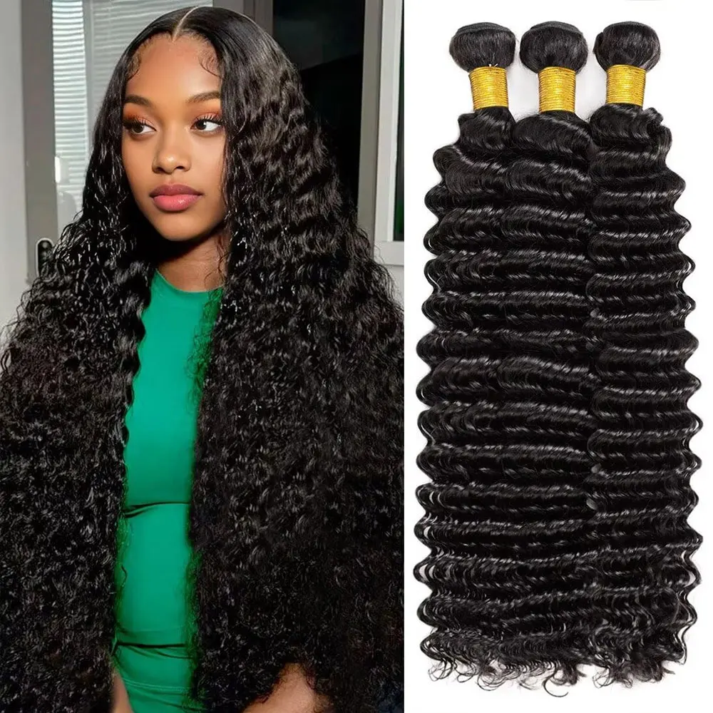 Бразильские пучки натуральных волос с глубокими волнами, 100% необработанные глубокие вьющиеся человеческие волосы, 1/3/4 пучка человеческих волос с глубокими волнами, натуральный черный