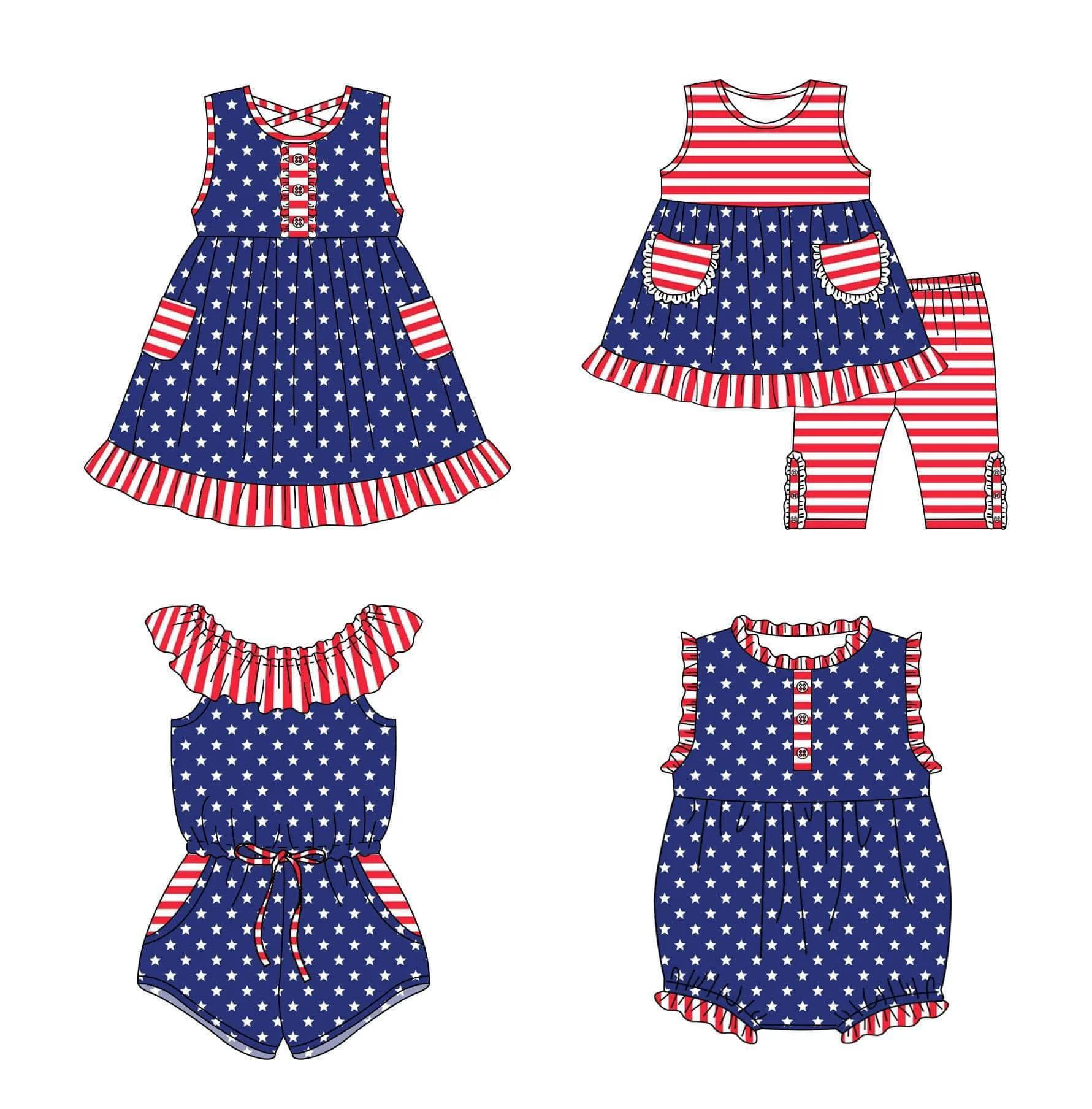 7.4 Independence Day clothing baby girl holiday suit summer matching milk silk five-pointed star print red stripes