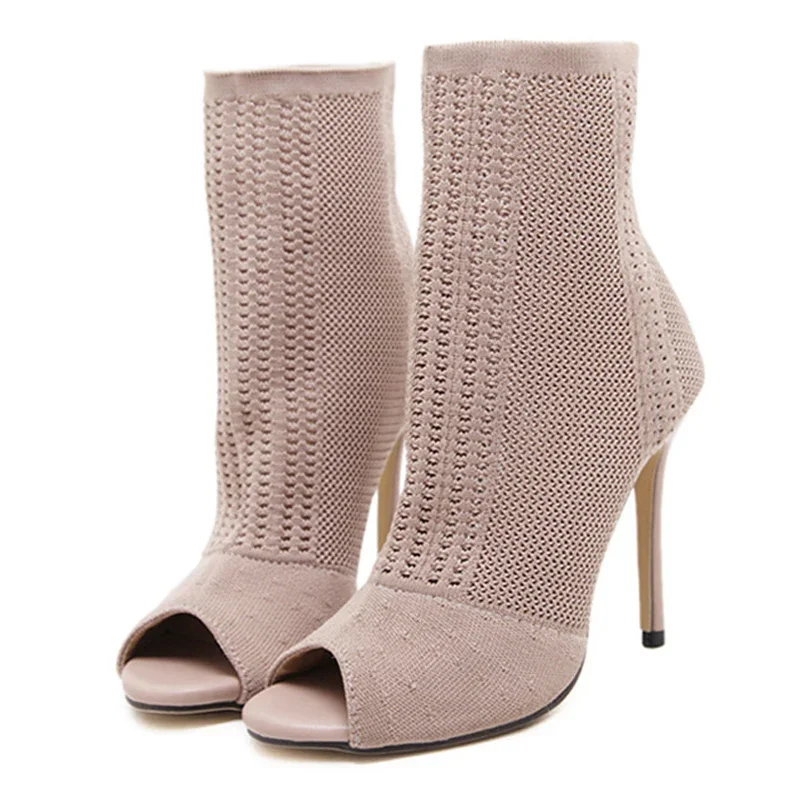 Fashion Ladies Peep Toe Stretch Fabric Knitting Ankle Boots Small Hole Hollow Out Breathable Dress Women High Heels Dance Shoes