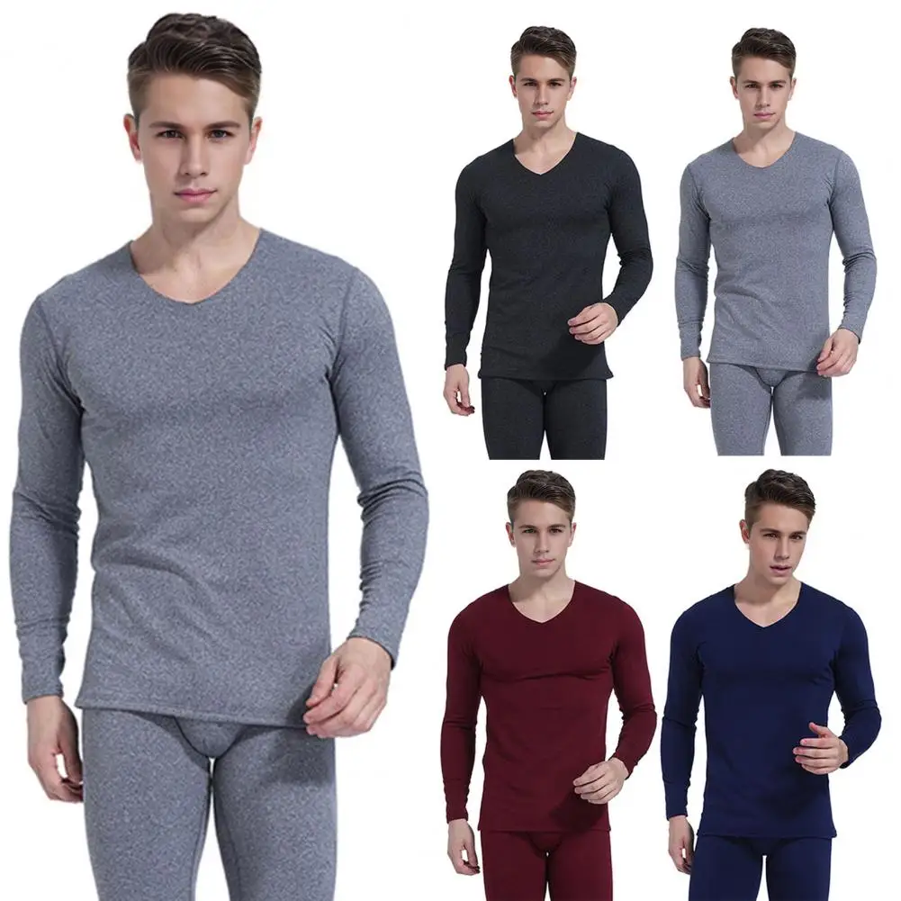 

Thermal Suit Men's Winter Thermal Underwear Set V Neck Plush Lined Pajamas for Cold Weather Seamless Long Sleeve Homewear