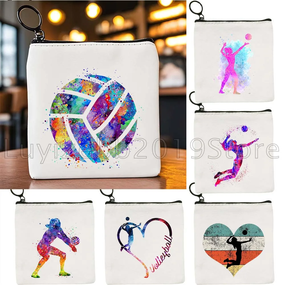 Pallavolo Ragazza Pittura ad acquerello Stampa artistica Amante dello sport Regalo Uomo Donna Borsa portamonete in tela Borsa per carte di archiviazione chiave Custodia a portafoglio