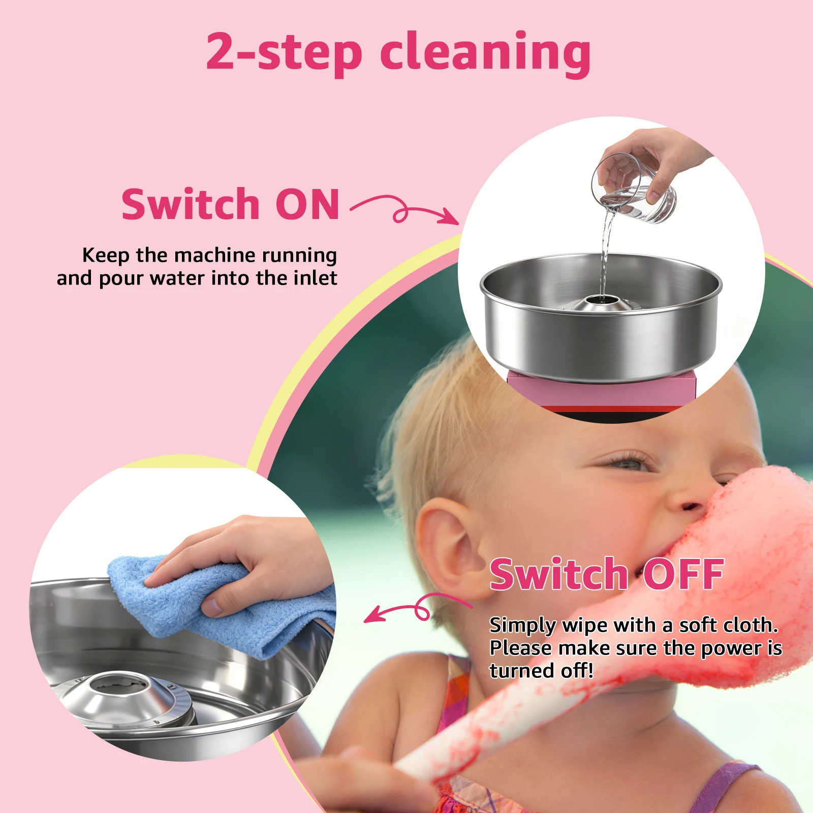 Cotton Candy Maker Machine, Electric Candy Floss Maker with 15-Inch Bowl, Adjustable Temperature Control, Easy to Use and Clean, for Home, Carnival, Kids Birthday, Family Party, Pink view 5