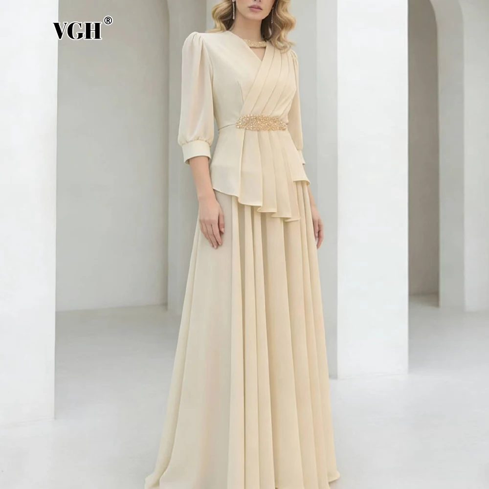 VGH Elegant Galas Apricot Two Piece Set for Women V Neck Half Sleeve Beaded Waist Design Flowy Skirt Suits for Wedding Guests