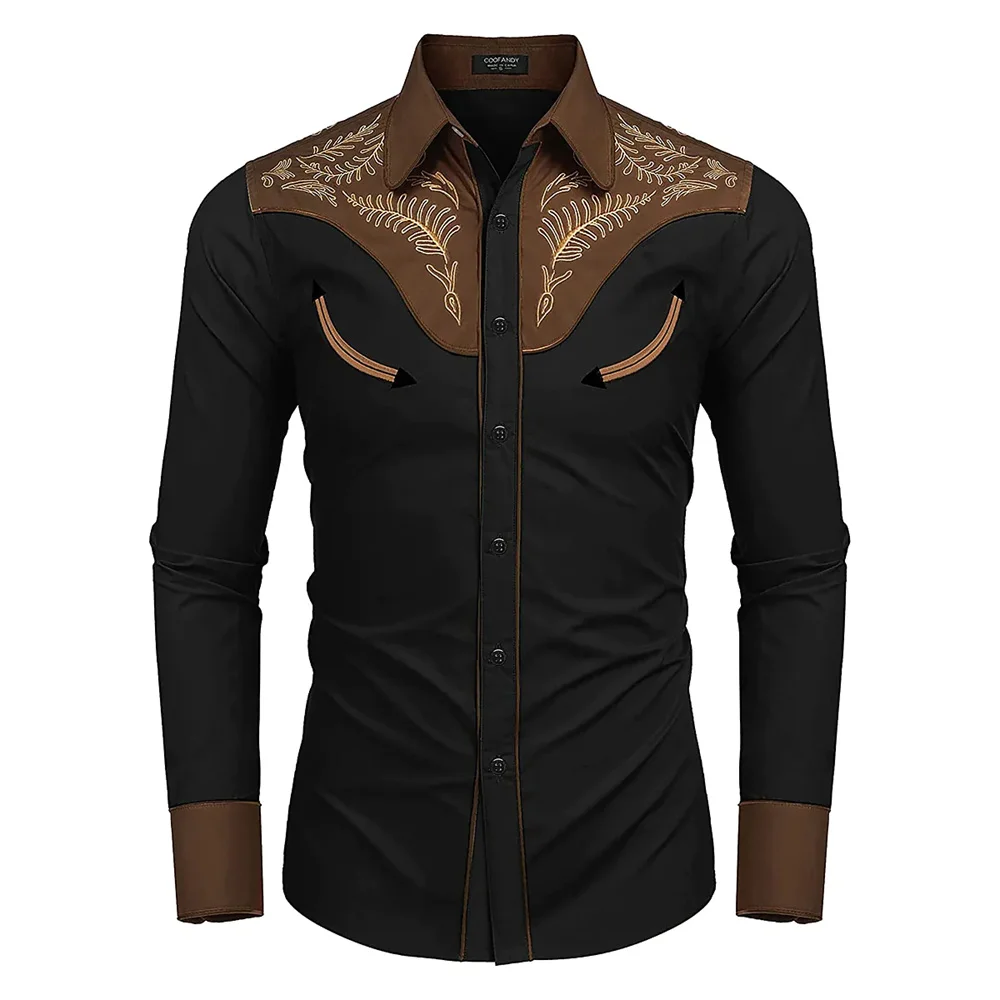 Men Western Cowboy Color Block Embroidery‑Style Long Sleeve Shirt Lapel Collar Button‑Up Polyester Casual Blouse
