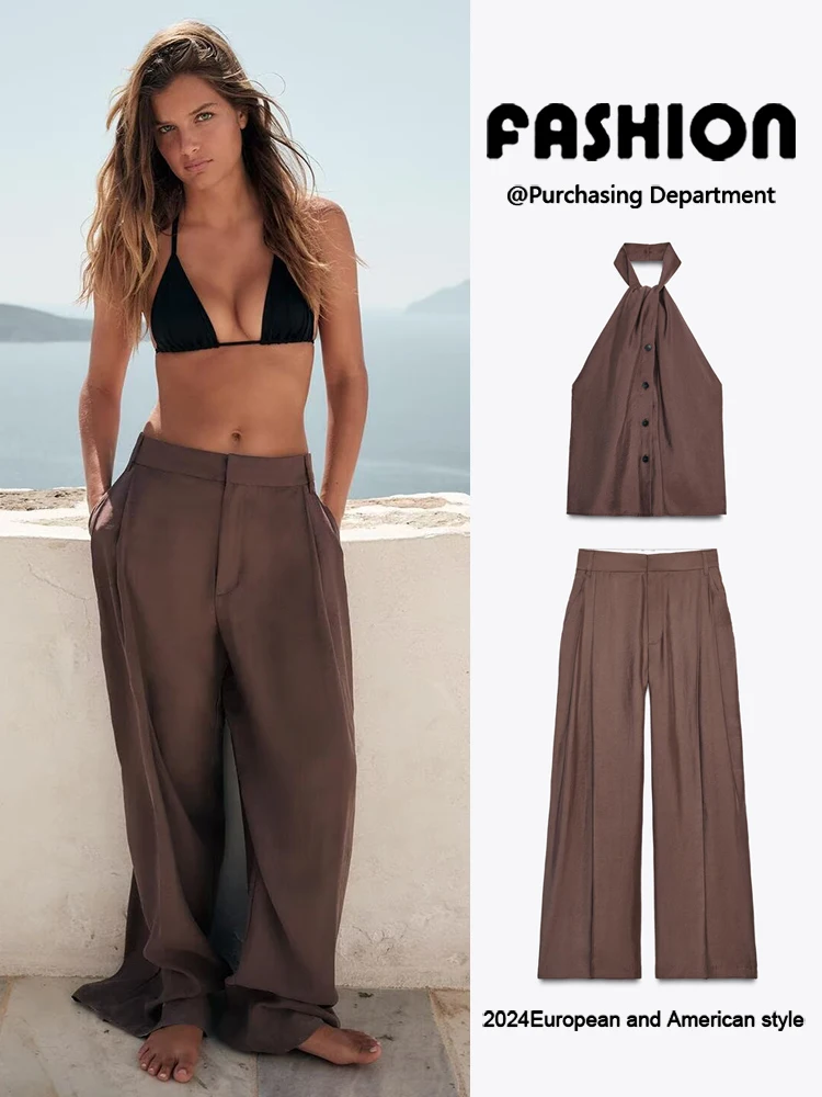 Gilet da donna estivo nuovo a vita alta pantaloni a doppia piega costume di scena etnico T top e pantaloni set per donna