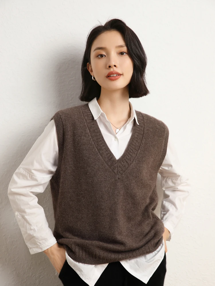 

High Quality Autumn Winter Women 100% Cashmere Sweater Loose Thick V-Neck Sleeveless Pullover Woman Cashmere Vest Knitted Tops
