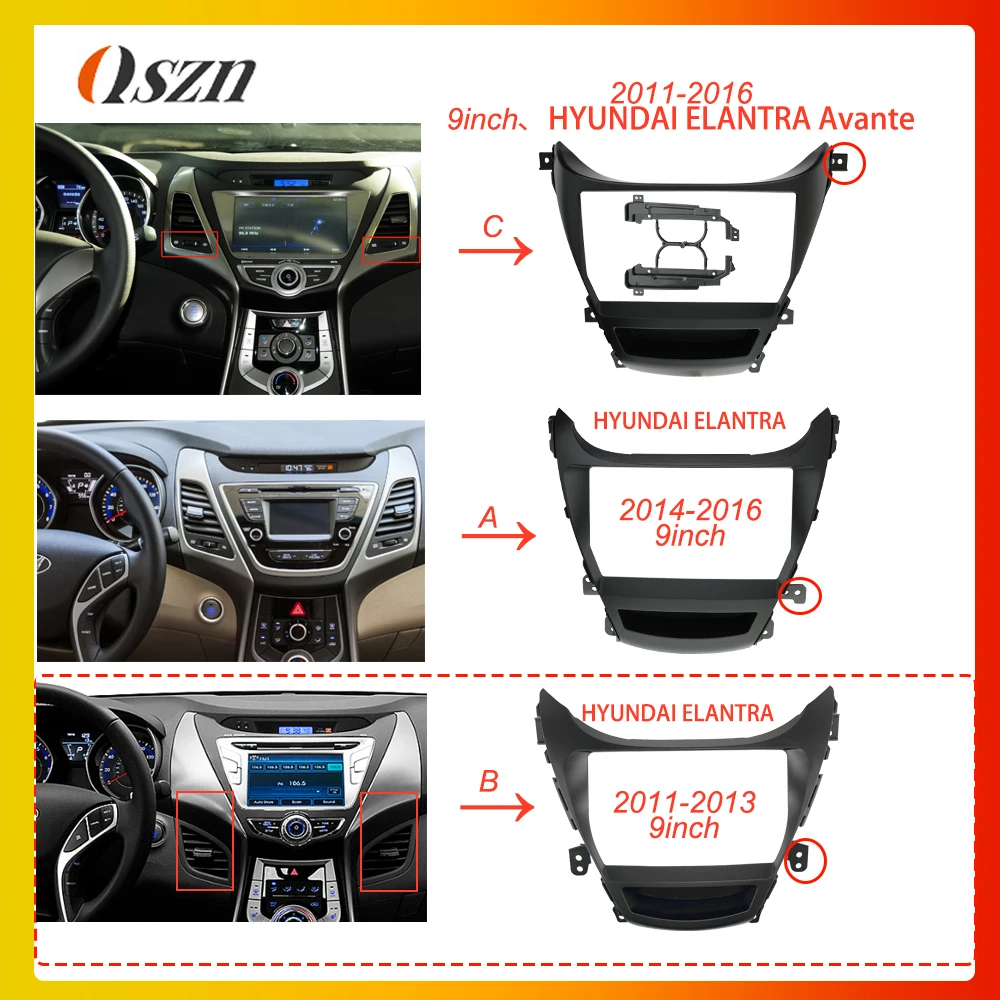 9 Polegada rádio do carro fáscia para hyundai elantra 2011-2016 painel de vídeo player áudio traço 2 din quadro painel kit