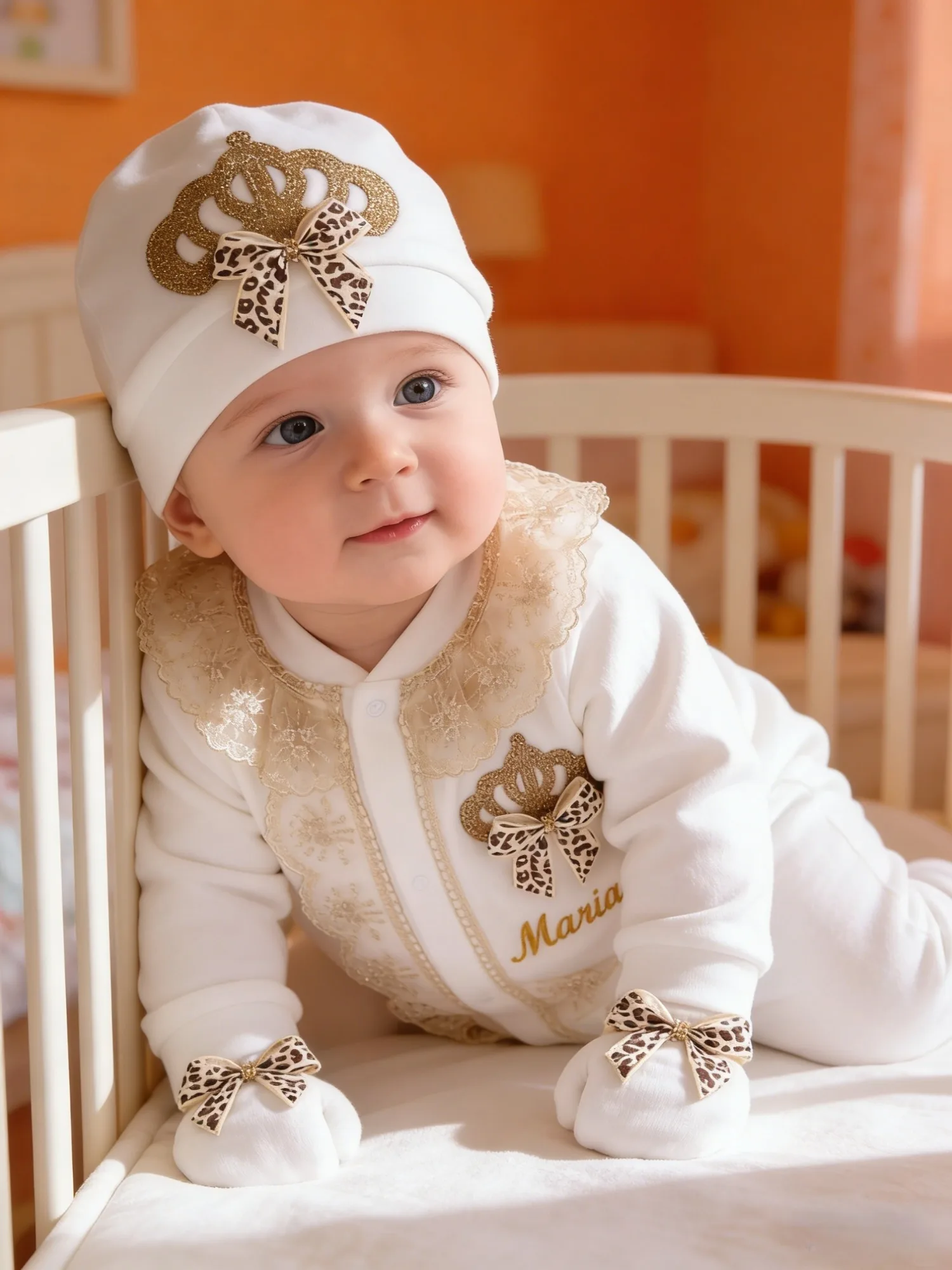 Baby Girl Crown Outfit Set - Embroidered Romper + Blanket + Booties | Newborn Princess Outfit
