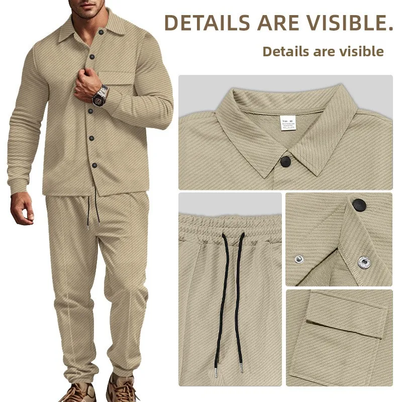 

Autumn Winter Men's Casual Suit Pure Color Tka Jaet And Pants with Diagonal Pattern And Embroidery Long Sve Long Pants