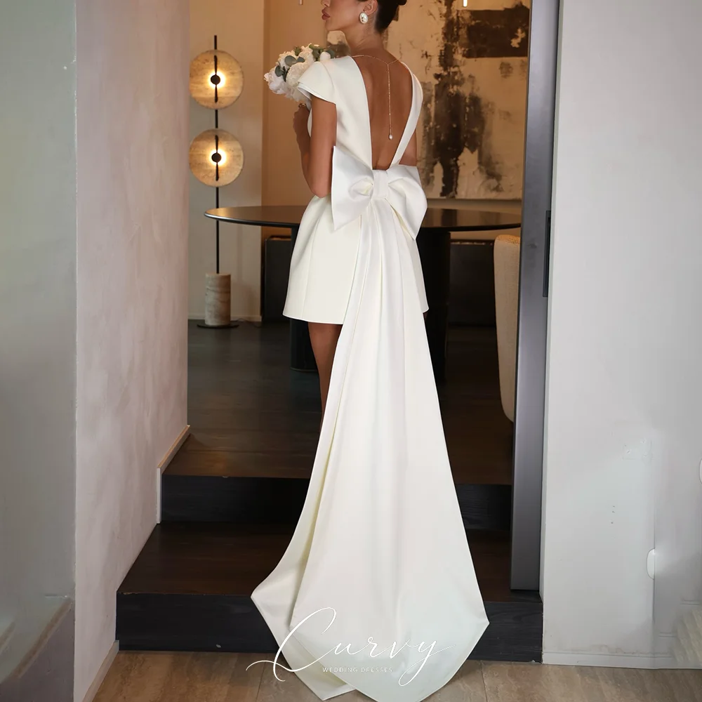 Curvy Minimal Short Wedding Dresses Customized for Women Boat Neck Short Sleeve Open Back Big Bow for Civil Courthouse Wedding