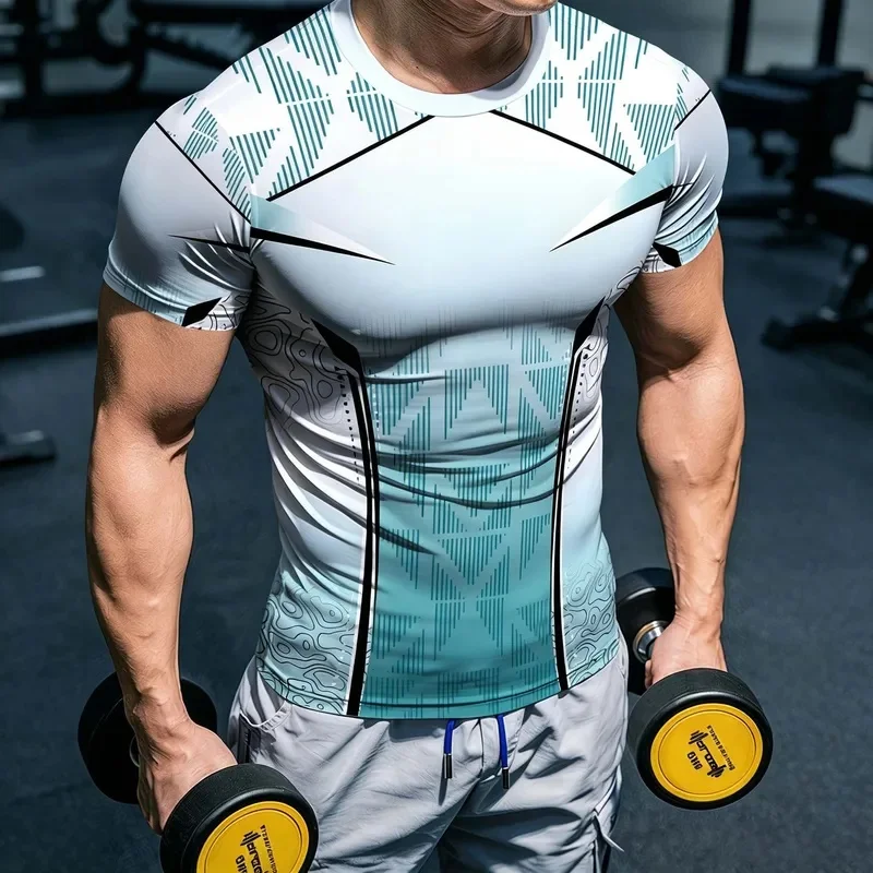 Men's Geometric Compression T Shirt Summer New Collection Quick Dry Subtle Pattern Short Sleeve Unique Design for Fitness