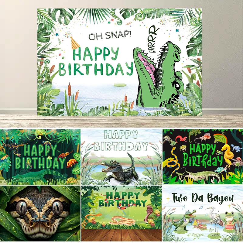 Fondo de cumpleaños de cocodrilo, cocodrilo de dibujos animados, decoraciones para fiesta de cumpleaños para niños, hoja verde, suministros de pancarta de fondo Oh Snap