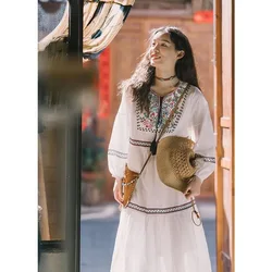 Ukrainian Embroidered Round Neck Slim A-line Cotton Linen Dress Women Vintage Ethnic Style Lantern Long Sleeve White Dresses