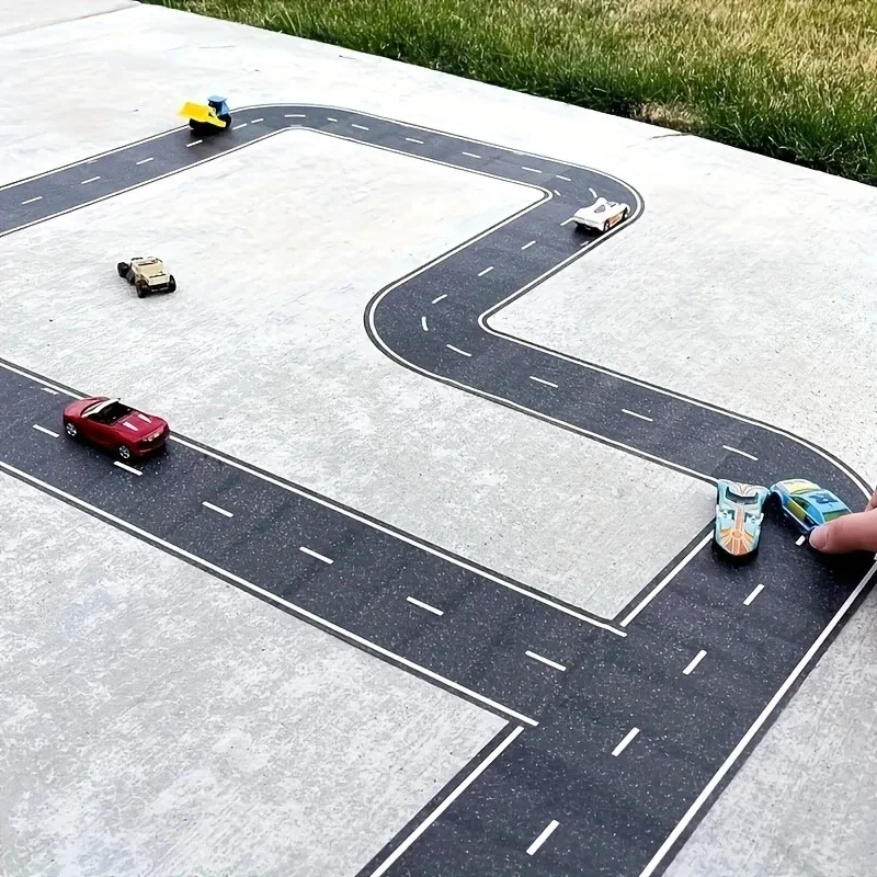 ملصقات مسار الطريق الكرتونية القابلة لإعادة الاستخدام، شريط طريق أسود لديكور سباق الحفلات، لمسة نهائية لامعة ملصقة مسبقًا ذات طابع تلقائي