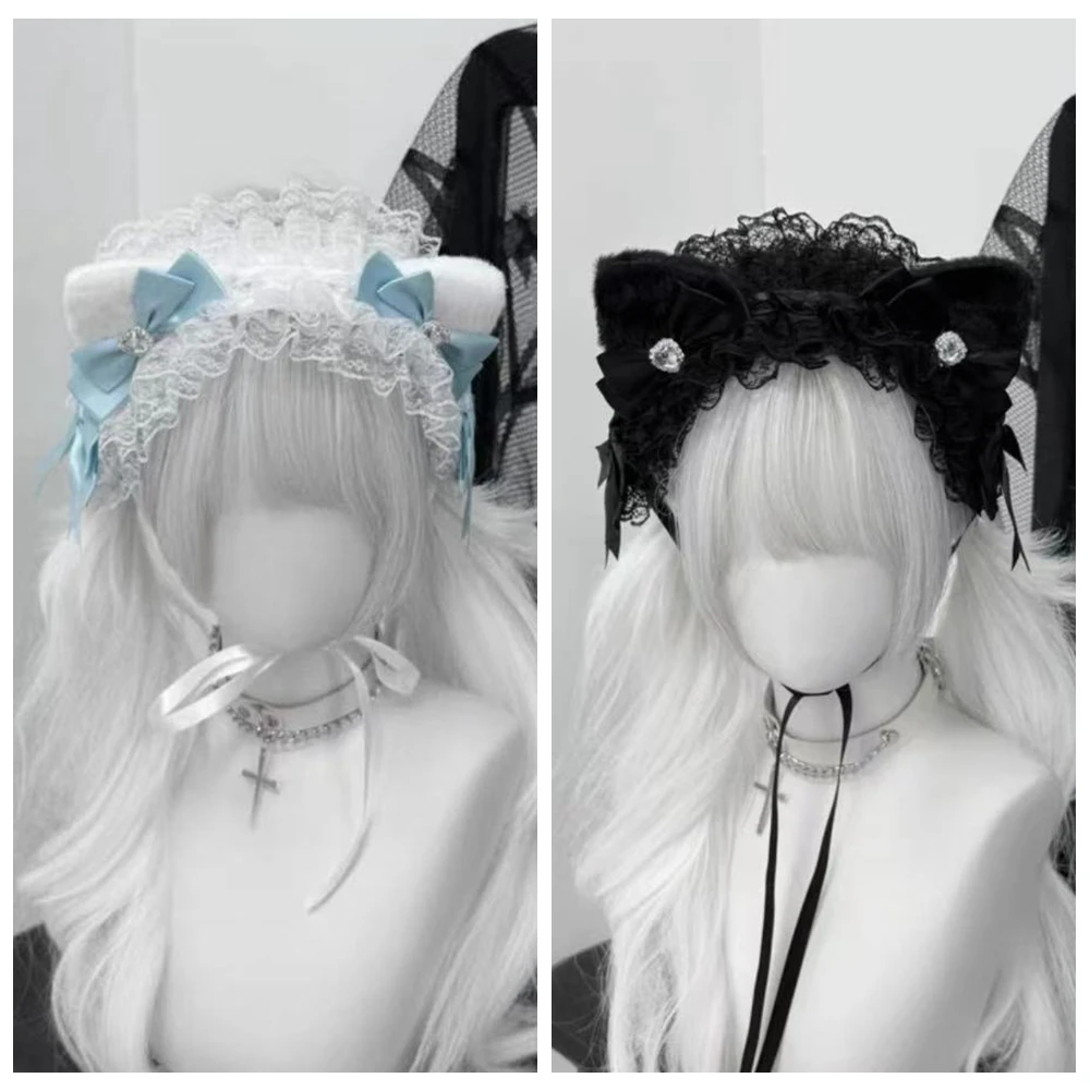

Sweet Cool Black Blue Lace Cute Lolita Hair Hoop Cat Ear KC Headband Spicy Girl Landmine Series Headwear