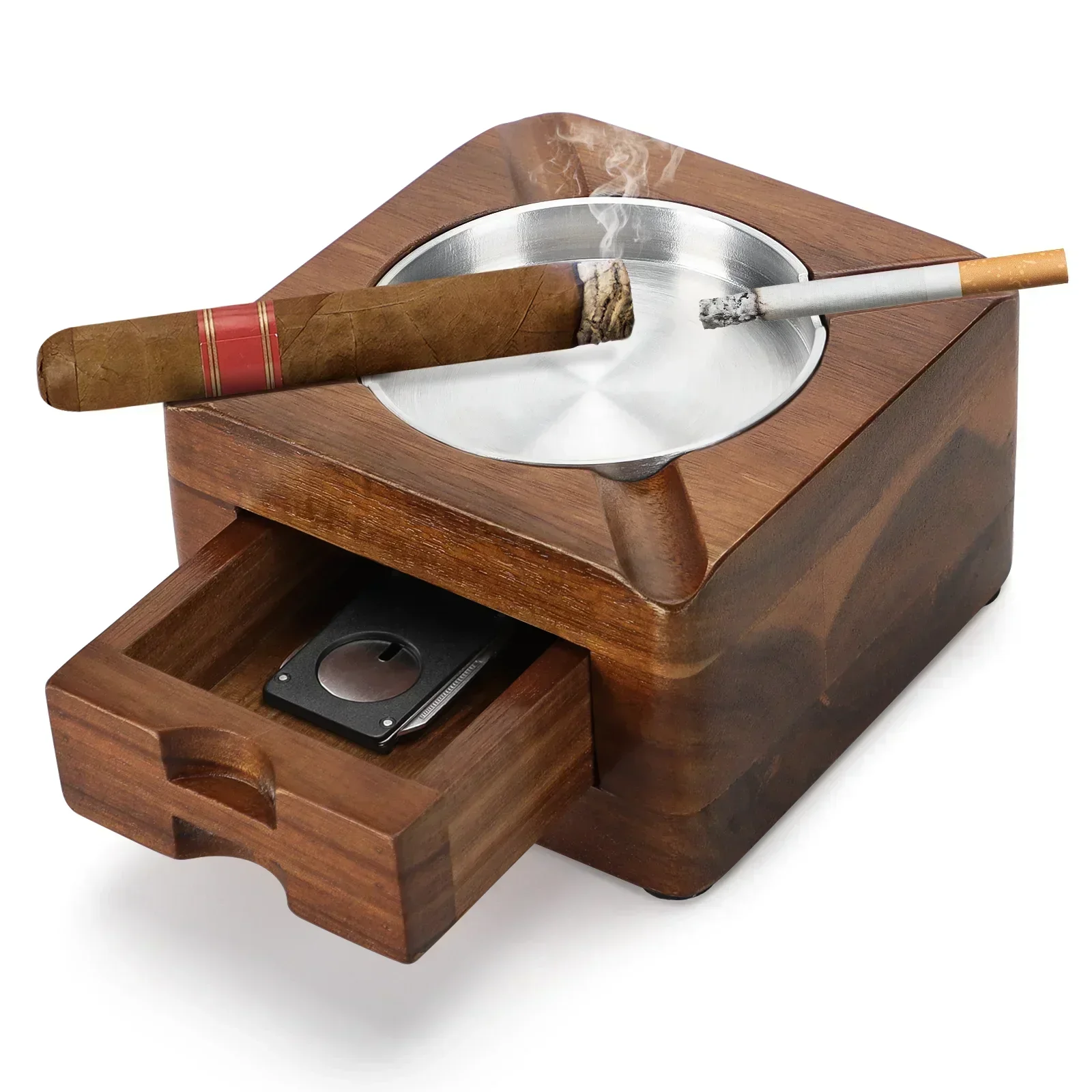 Wooden Cigar Ashtray Square Ashtray 4 Slots Cigar Holder Cigar Accessories Drawer for Indoor Outdoor Patio Home Office party