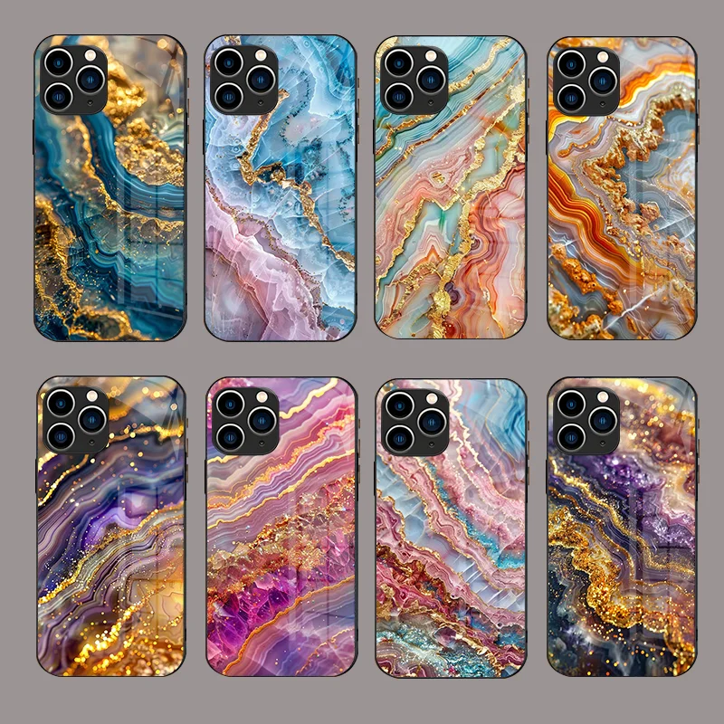 

For iPhone 11 X XR 13 Plus 14 Pro 15 12 XS MAX 16 tempered glass phone case with rainbow marble pattern printed women dust cover