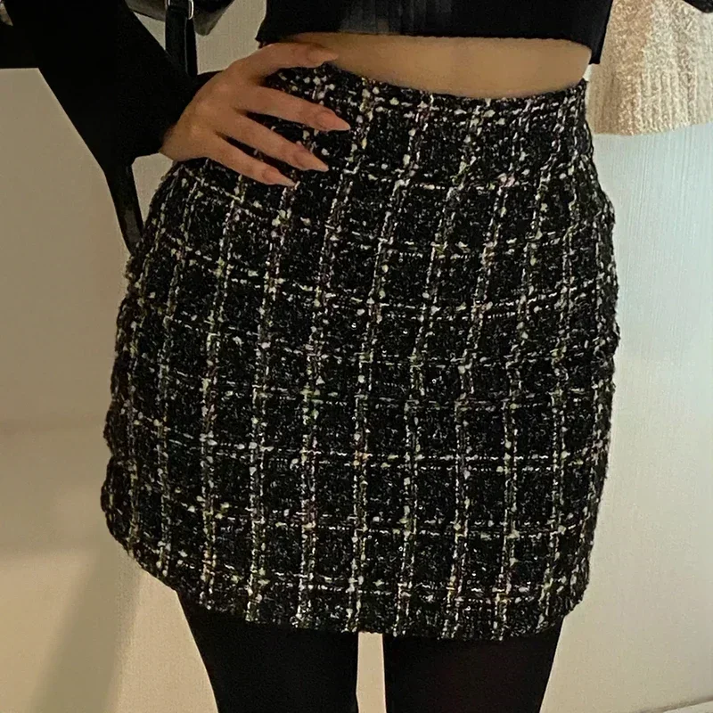 Plaid Wool Skirt Women Textured Glittery High Waist A-Line Tweed Mini Skirt Saia Feminina Fall Winter 2024 Classic Outfit