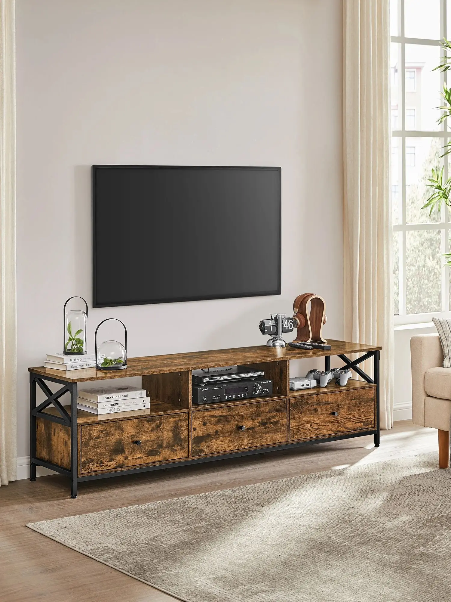 VASAGLE TV-garderobe, lowboard voor televisie tot 80 inch, TV-tafel met 3 stoffen lades, 3 open compartimenten - afbeelding 2