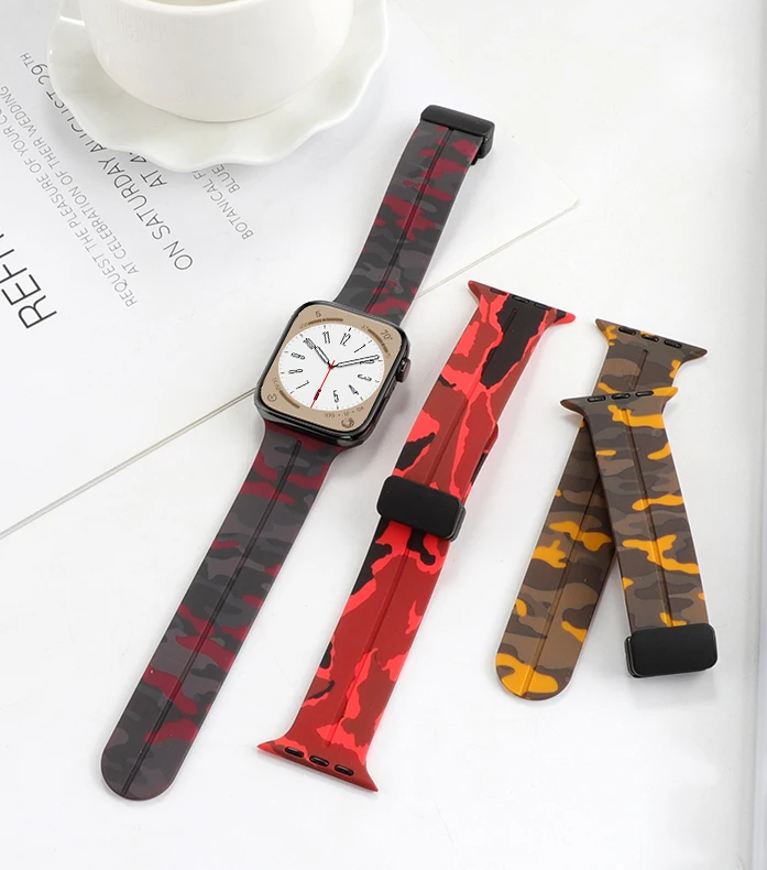 Camouflage Magnetic Buckle Strap For Apple Watch Ultra 2 Band 49mm 44mm 45mm 41mm 40mm 42mm 38mm Silicone Bracelet Series 7 8 SE