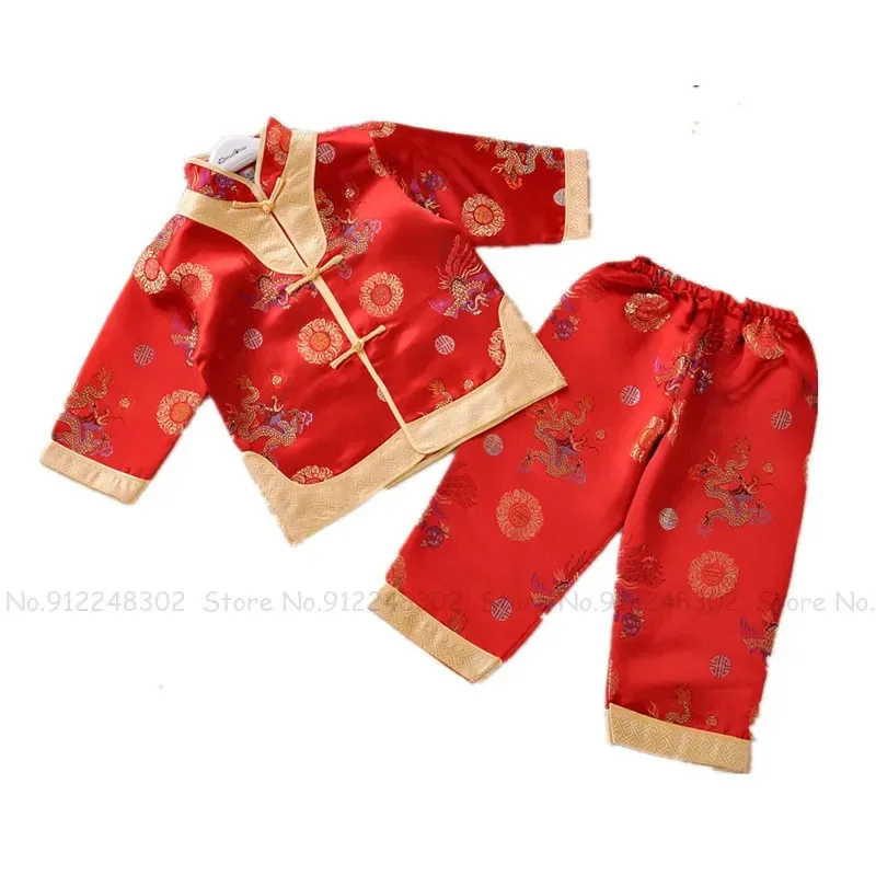111 www bebé recién nacido estilo chino traje Tang rojo niños Qipao camisas Tops pantalones niños dragón Phoenix bordado trajes festivos