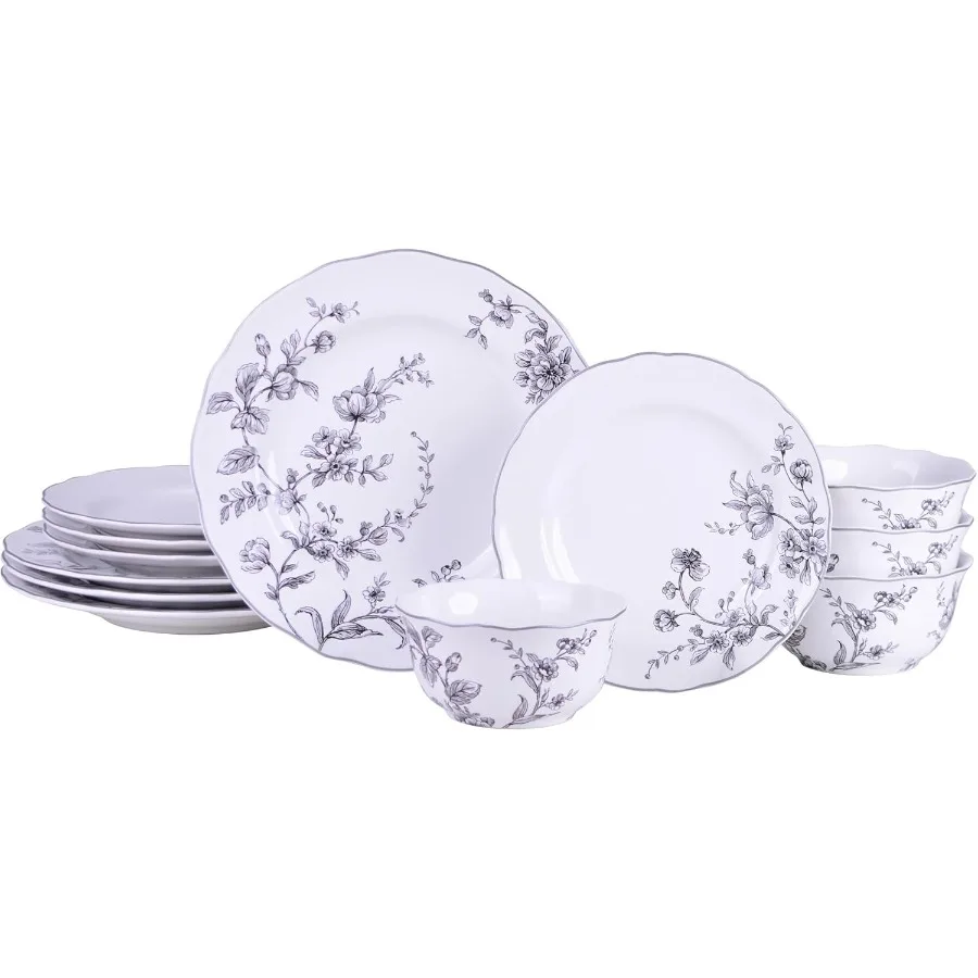 طقم أواني طعام من البورسلين مكون من 12 قطعة تتميز بألواح وأطباق وأطباق بيضاء وسوداء مع لمسة نهائية أنيقة من السيراميك اللامع