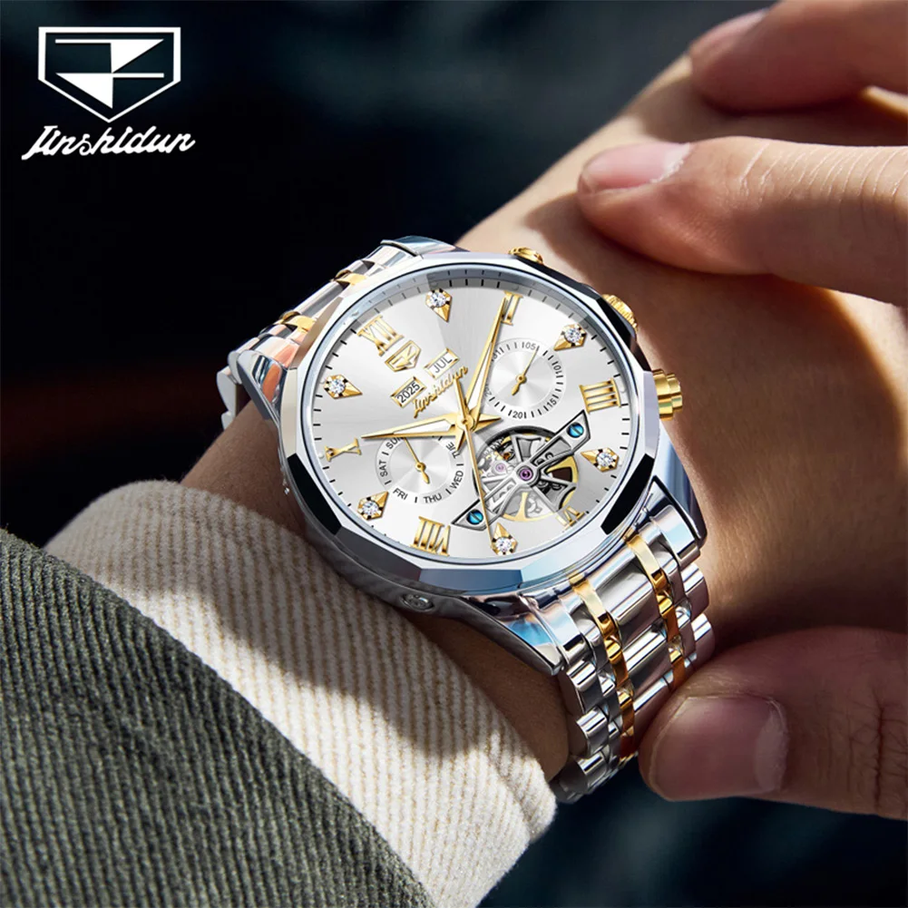 JSDUN New High Quality Luxury Skeleton Multifunction Automatic Mechanical Men Watch Best Selling Fashion Trend Watches for Men