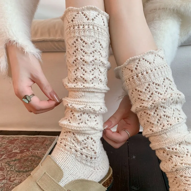 1 Pair Women's Warm Knit Hollow High Socks Fall Winter Wool Long Calf Socks for Woman White Retro Slouch Socks Stockings Hosiery