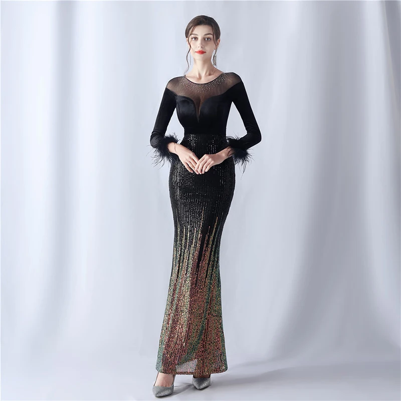 

Female clothing Autumn Winter Velvet Sequin Sexy feather Bodycon long evening prom party dresses for women 2024