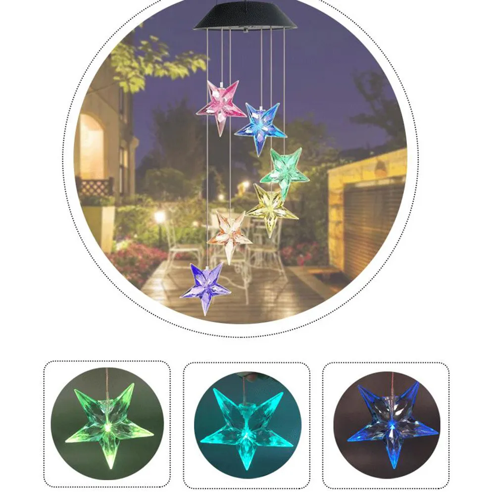 Solar Star Wind Chime Light Hanging Decorative Blue Star No Fade Shape Change Garden Patio LED Night Light Color Changing