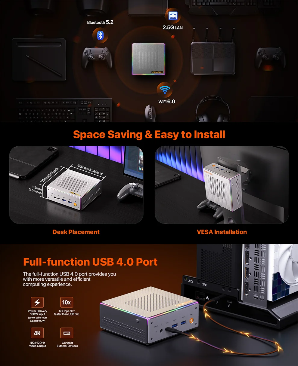 Peladn Mini Pc, Amd Ryzen 9 7940Hs (8C/16T, up to 5.1Ghz) 16Gb Ddr5 5600Mhz Ram, 1Tb Ssd, 3-Year Warranty 4K Hd, Bt5.2 Windows11, Wifi6